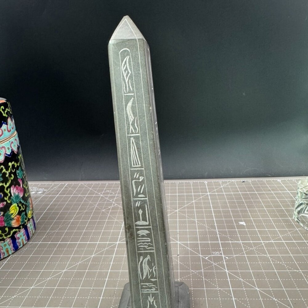 Egyptian Style Obelisk Figurine With Hieroglyphs Stone Material 9 1/4" Tall Home